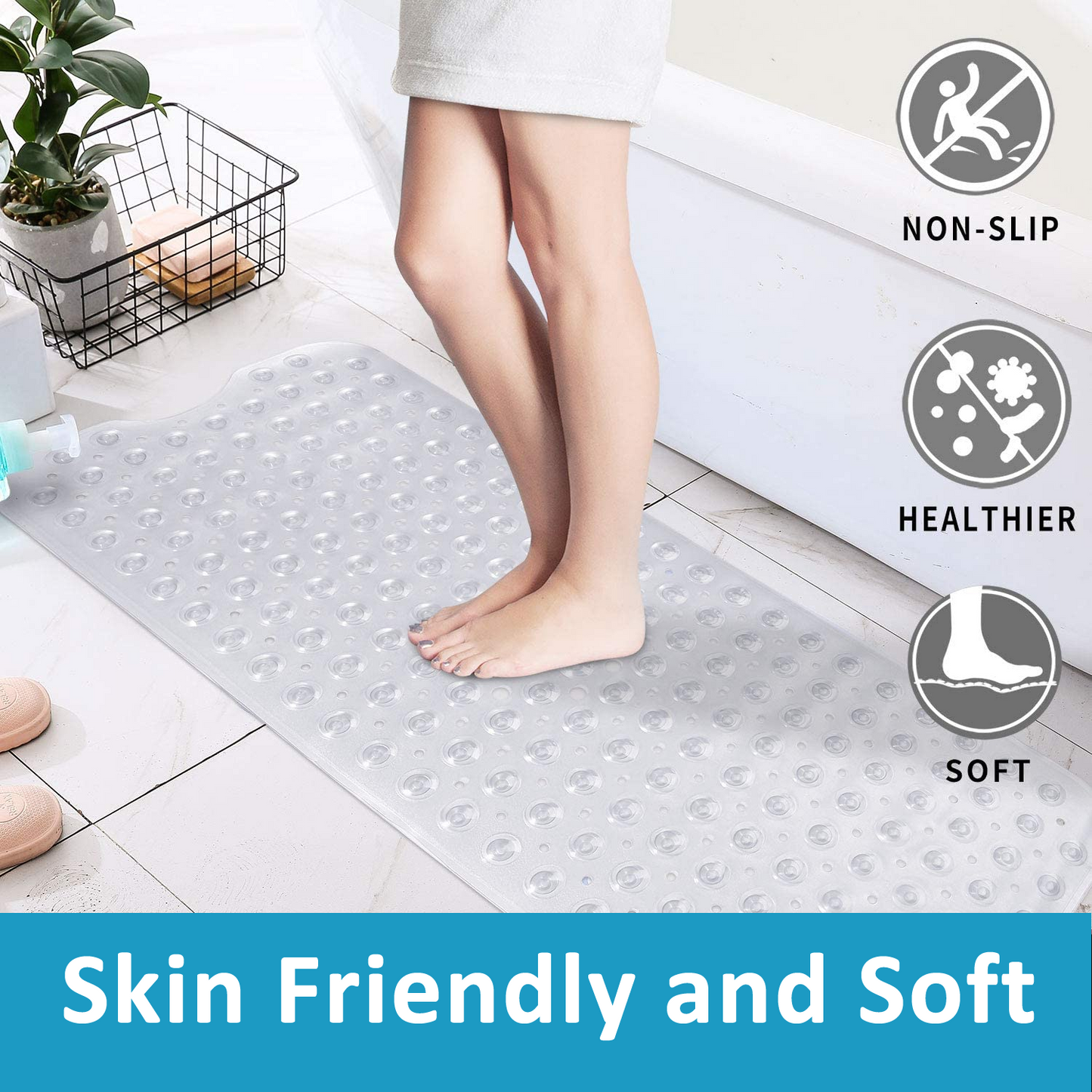 Non Slip Bath Mats Shower Mats with Anti Slip Suction Cups (Opaque White)
