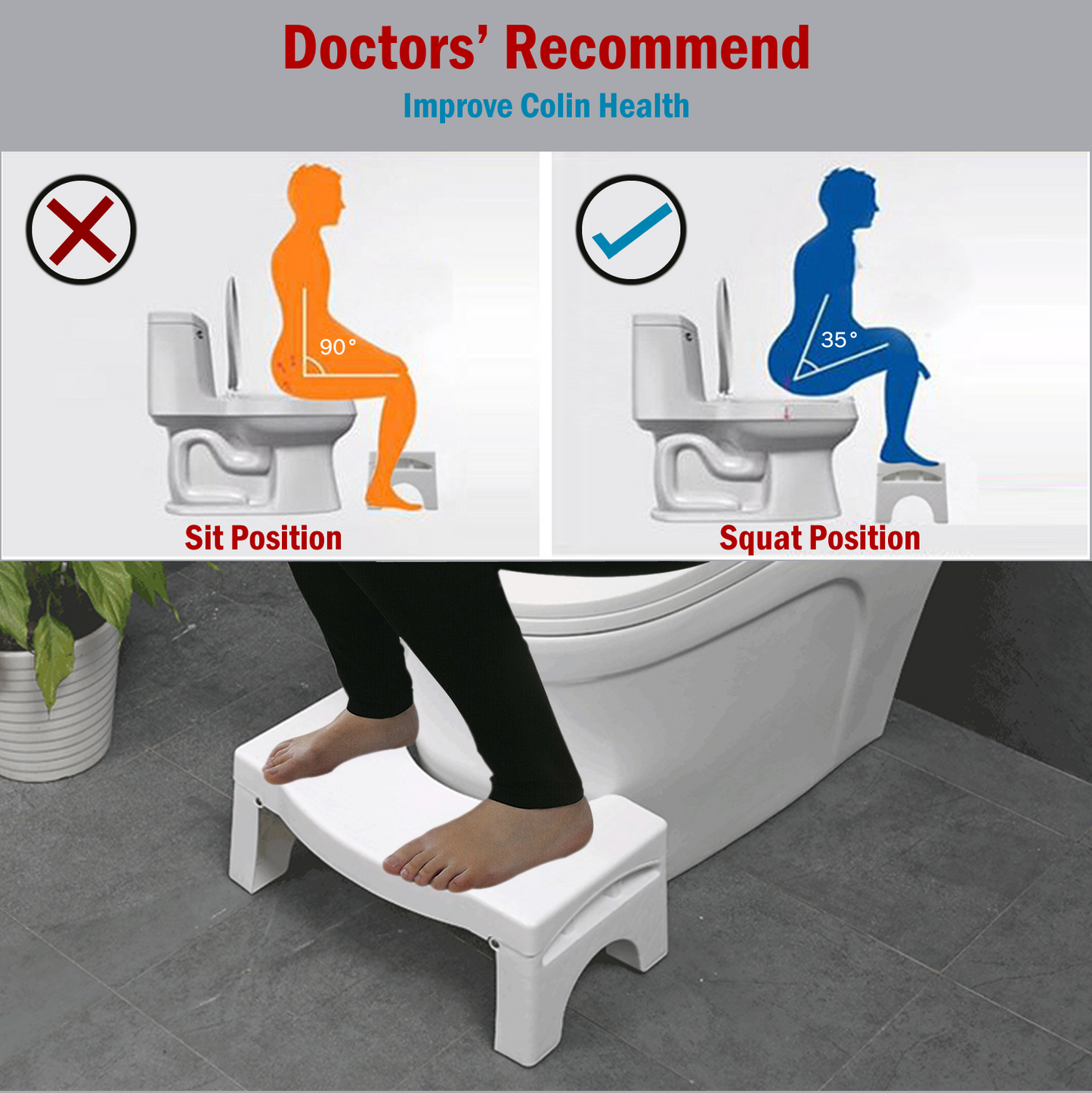 Squatting Folding Toilet Stool, Non-Slip Bathroom Squat Aid and Footstep stool (7 Inch / Foldable)