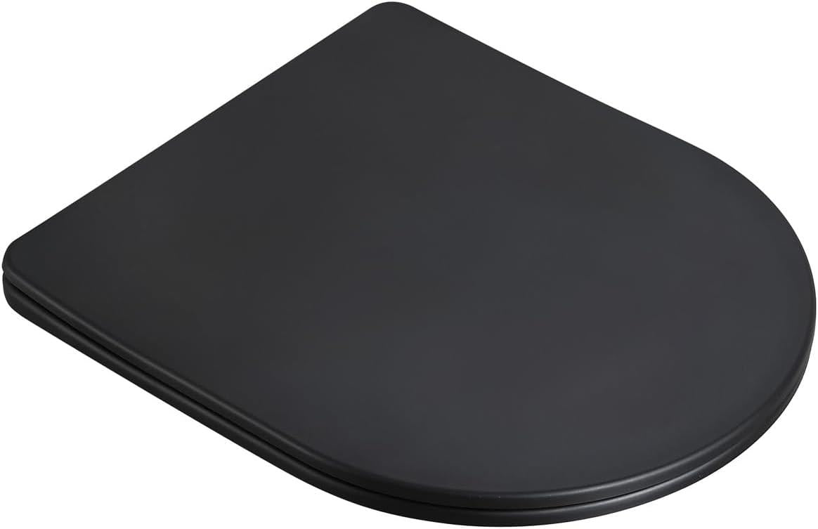 Soft Close D-Shape Black Toilet Seat, One Button Quick Release for Cleaning, Durable Urea Formaldehyde Material