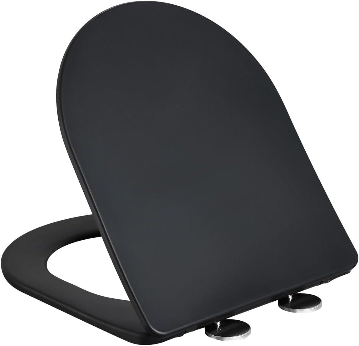 Soft Close D-Shape Black Toilet Seat, One Button Quick Release for Cleaning, Durable Urea Formaldehyde Material