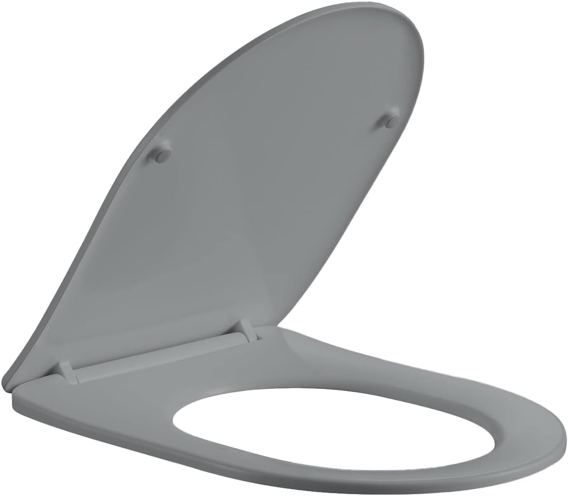 Soft Close D-Shape Grey Toilet Seat, One Button Quick Release for Cleaning, Durable Urea Formaldehyde Material