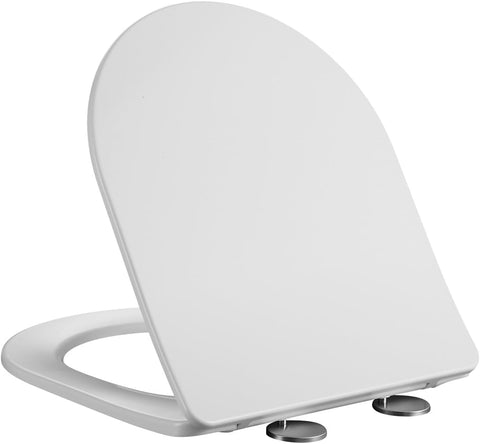 Soft Close D-Shape White Toilet Seat, One Button Quick Release for Cleaning, Durable Urea Formaldehyde Material