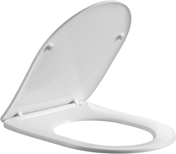 Soft Close D-Shape White Toilet Seat, One Button Quick Release for Cleaning, Durable Urea Formaldehyde Material