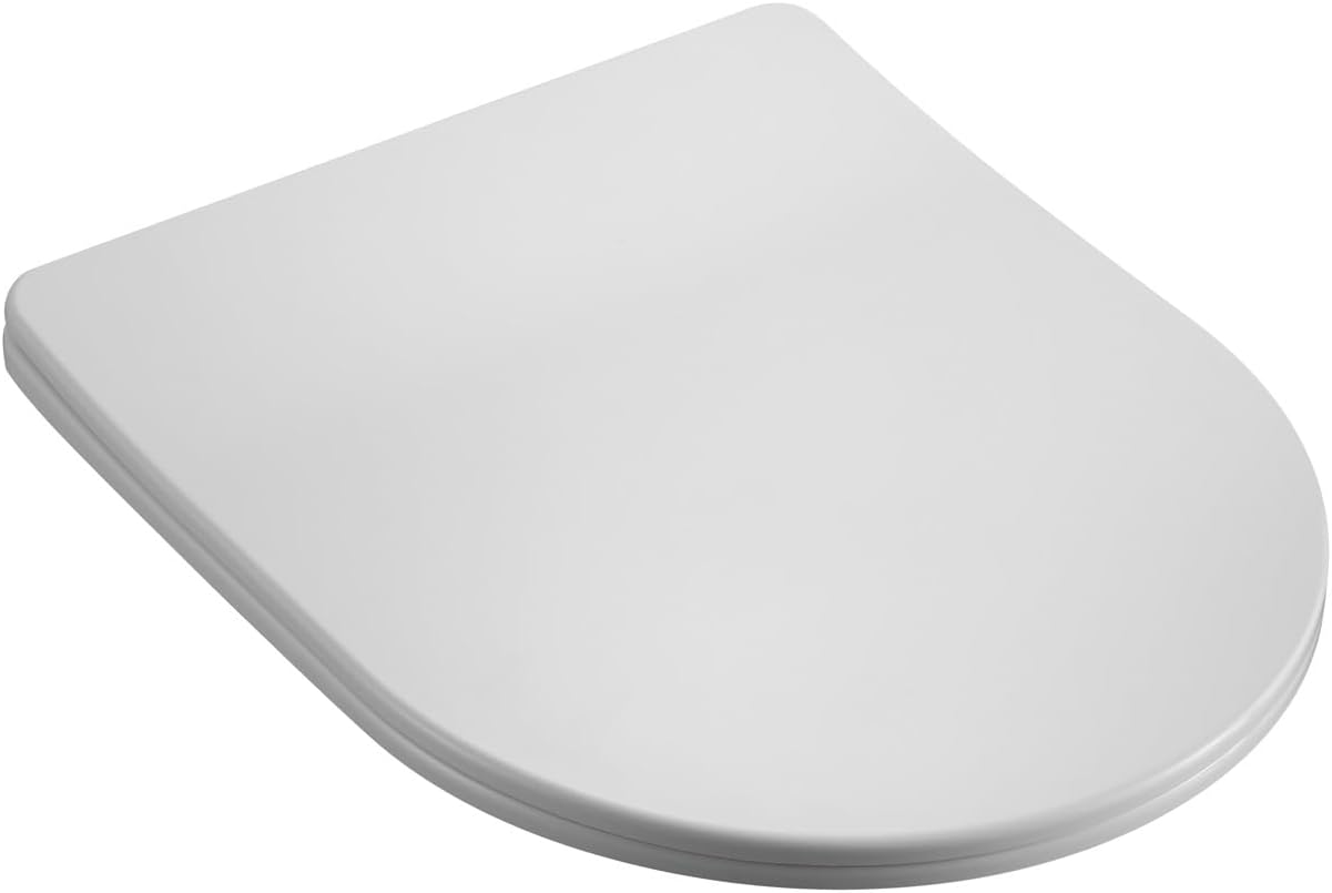 Soft Close D-Shape White Toilet Seat, One Button Quick Release for Cleaning, Durable Urea Formaldehyde Material