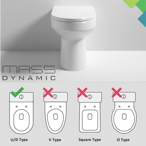 Mass Dynamic Soft Close Toilet Seat D-Shaped, White Toilet Seats with Top Fixings, Adjustable 360 Hinges, One Button Quick Release for Cleaning. Slim UF Loo Seat, 441mm x 365mm