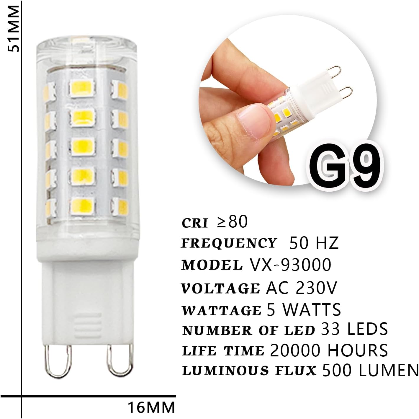 VIIONX G9 LED Light Bulbs, 5W Warm White (Equivalent to 40W-50W Halogen), 500 Lumens, 3000K, 220-240V, No Flicker, Non-Dimmable, Energy Saving for Home Lighting Decor