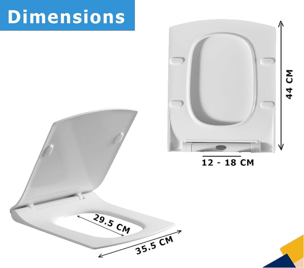 MASS DYNAMIC Soft Close Square Shape White Toilet Seat with Quick Release for Easy Clean Loo Seat with Adjustable Hinges