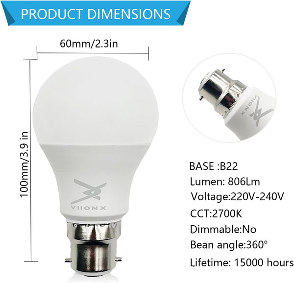 VIIONX Bayonet Light Bulb – 60W Equivalent, Warm White 2700K, 8.5W, 806lm B22 LED Bulb