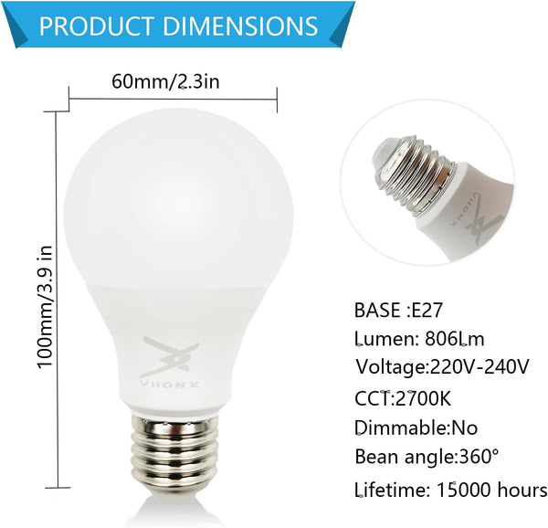 VIIONX Screw Bulb – Non-Dimmable, 8.5W Equivalent to 60W, Warm White 2700K LED Bulbs, 806 Lumens Edison LED Light Bulb, Energy-Saving E27 Bulbs for Lamps,