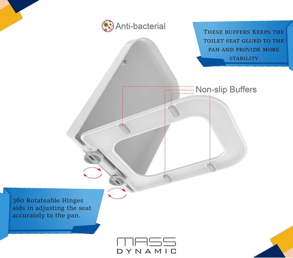 MASS DYNAMIC Soft Close Toilet Seat with Top Fixing Quick Release Feature and Adjustable Hinges (460mm x 360mm)