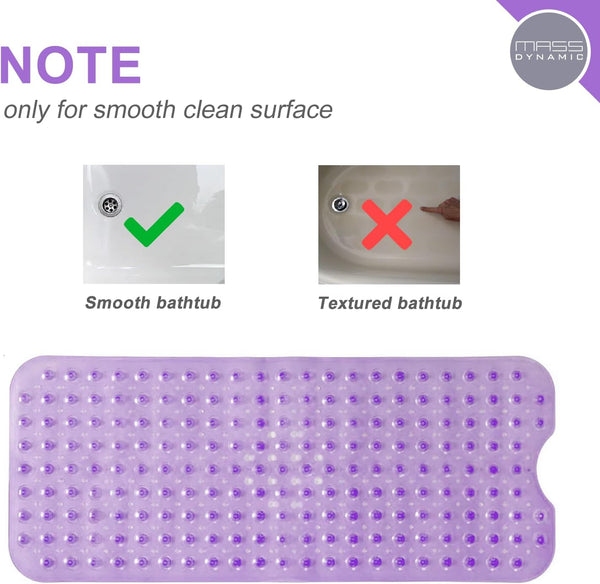 MASS DYNAMIC Extra Long Bath Mats Non Slip Bathtub Mat Mildew Resistant Shower Mats with Anti Slip Suction Cups | Easy Clean Bathtub Mat with 176 Drain Holes (Transparent Purple)