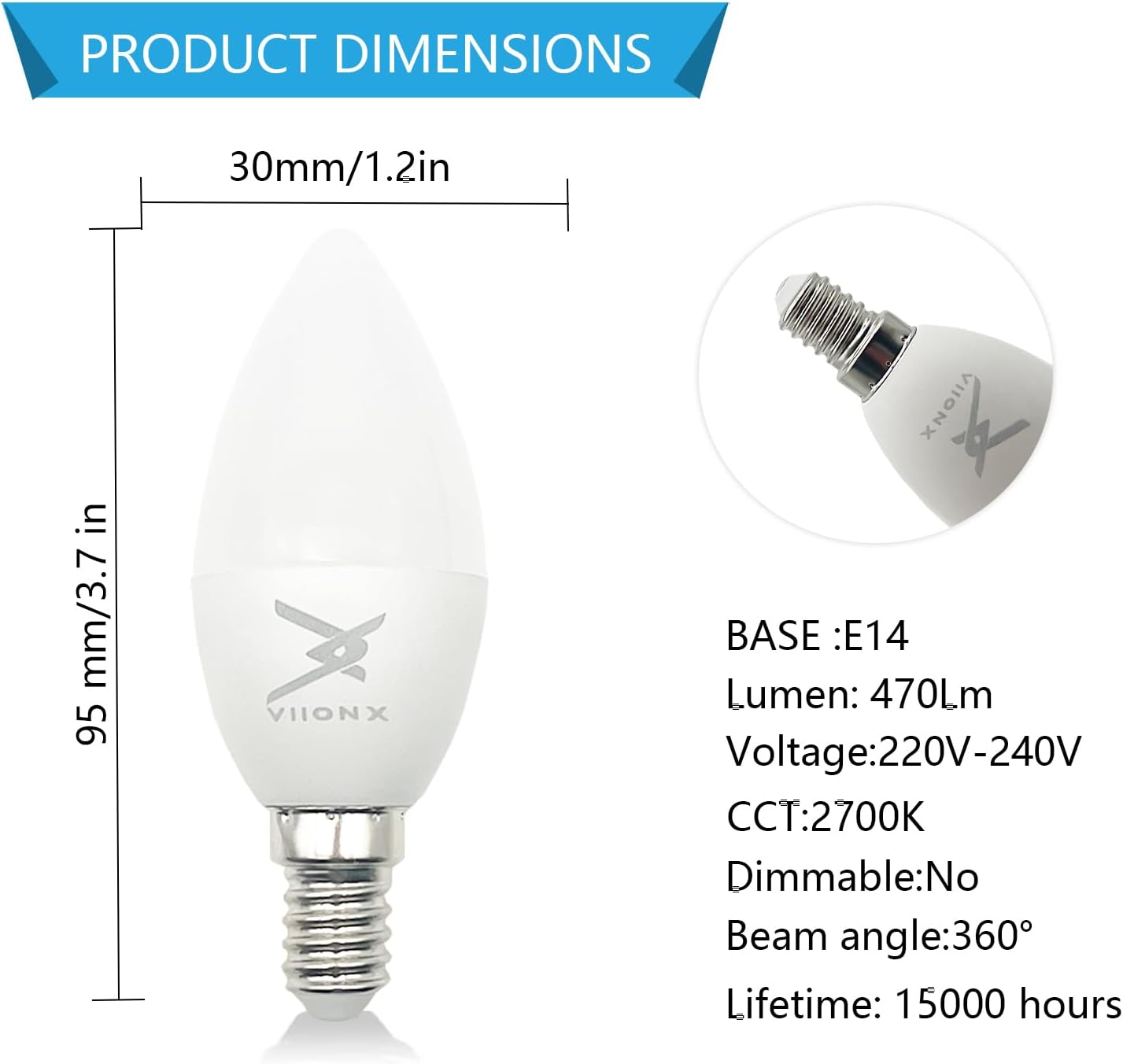 VIIONX E14 LED Light Bulb – Small Edison Screw SES Candle Bulbs, 4.5W, 470 Lumens, 40W Equivalent, Warm White 2700K, Energy-Saving Candle Light Bulbs, Non-Dimmable (3) [Energy Class F]