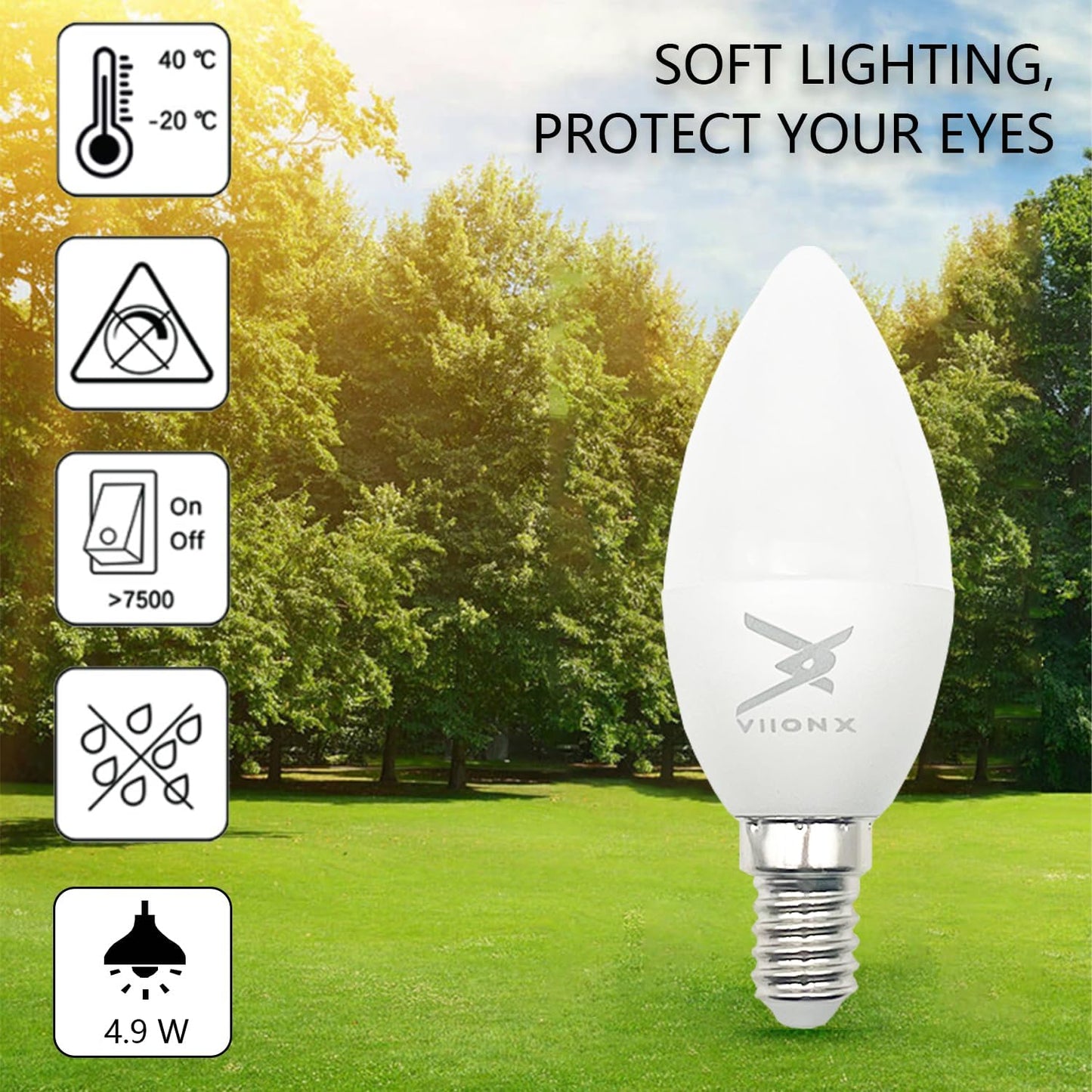 VIIONX E14 LED Light Bulb – Small Edison Screw SES Candle Bulbs, 4.5W, 470 Lumens, 40W Equivalent, Warm White 2700K, Energy-Saving Candle Light Bulbs, Non-Dimmable (3) [Energy Class F]