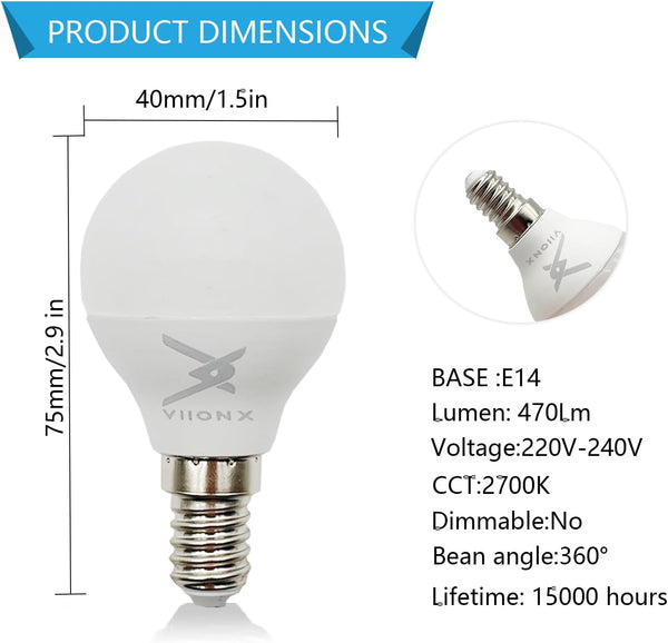 VIIONX E14 LED Light Bulb – Small Edison Screw SES Golf Bulbs, 4.5W, 470 Lumens, 40W Equivalent, Warm White 2700K, Energy-Saving Golf Light Bulbs, Non-Dimmable