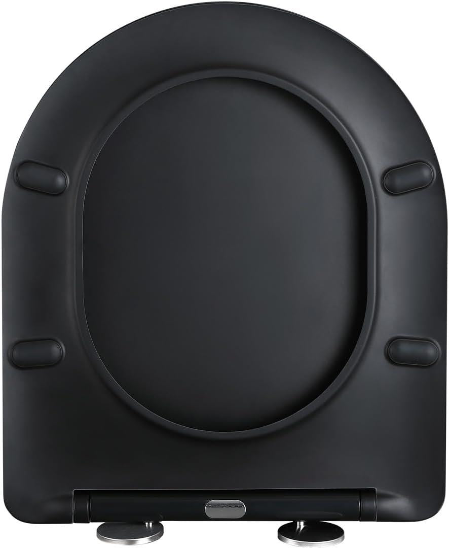 Soft Close D-Shape Black Toilet Seat, One Button Quick Release for Cleaning, Durable Urea Formaldehyde Material