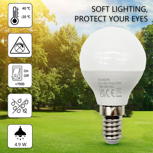 VIIONX E14 LED Light Bulb – Small Edison Screw SES Golf Bulbs, 4.5W, 470 Lumens, 40W Equivalent, Warm White 2700K, Energy-Saving Golf Light Bulbs, Non-Dimmable