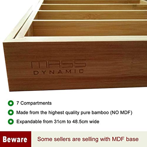 MASS DYNAMIC Bamboo Cutlery Tray, Expandable Drawer Organiser, Space-Saving 5-7 Storage Compartments Holds Silverware, Kitchen Utensils, Office Supplies, Bathroom Accessories (Size: 5x48.5x37cm)