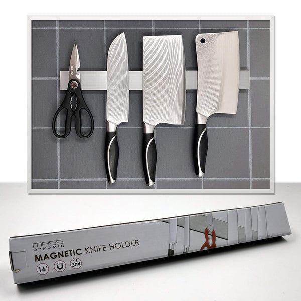 Mass Dynamic Magnetic Knife Rack for Wall, 16-inch Stainless Steel Storage Magnetic Knife Holder with Powerful Magnets, Multipurpose Kitchen Knives/Utensil/Tool Holder, Solid Wall Mounted Installation