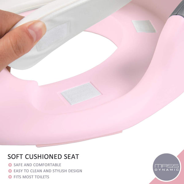 MASS DYNAMIC Toddler Toilet Seat, Potty Training Seat for Kids, Non-Slip Loo Trainer with Anti-Splash Guard, Unisex Toilet Assistant Ring with Handles and Backrest for Extra Security (Pink)