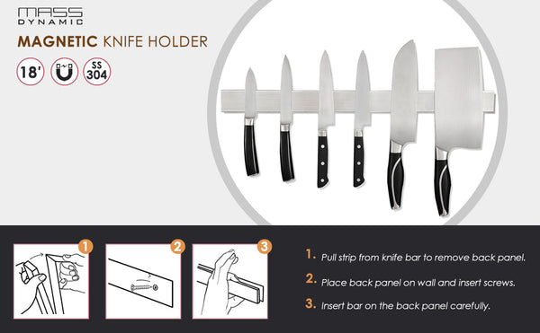 MASS DYNAMIC Magnetic Knife Holder for Wall,20-Inch Stainless Steel Storage Magnetic Knife Rack with Powerful Magnets, Multipurpose Kitchen Knives/Utensil/Tool Holder, Solid Wall Mounted Installation