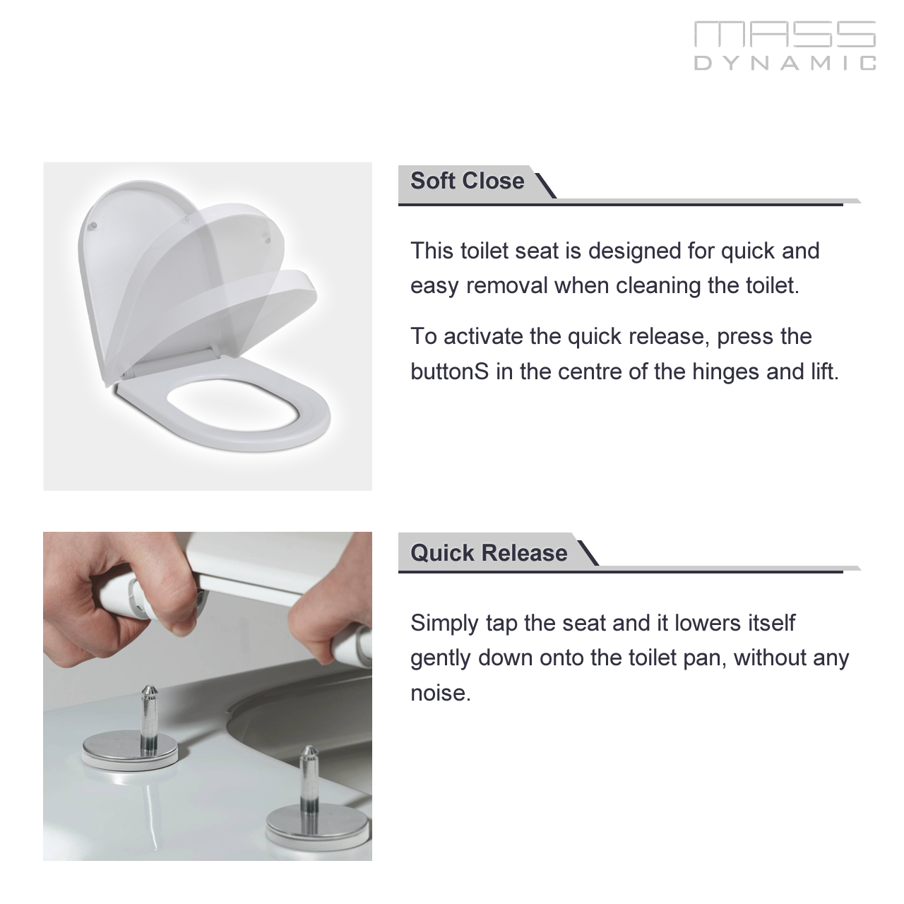 D-Shape Polypropylene Toilet Seat Soft-Close Mechanism with Quick Release Buttons