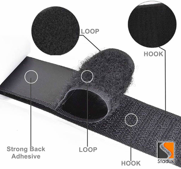 Stadux Adhesive Hook and Loop Tape, Heavy Duty Self Adhesive Sticky Hook Loop Tape Fastener Sticky Tape, Black, 20mm x 5m