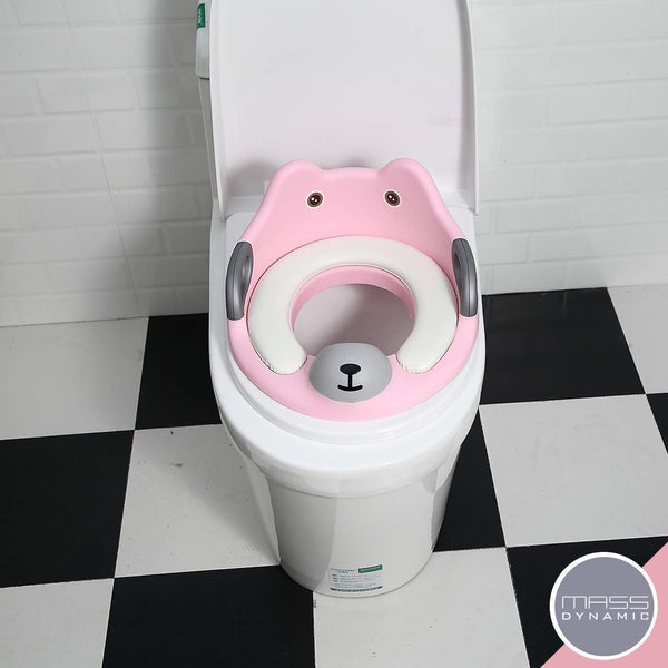 MASS DYNAMIC Toddler Toilet Seat, Potty Training Seat for Kids, Non-Slip Loo Trainer with Anti-Splash Guard, Unisex Toilet Assistant Ring with Handles and Backrest for Extra Security (Pink)