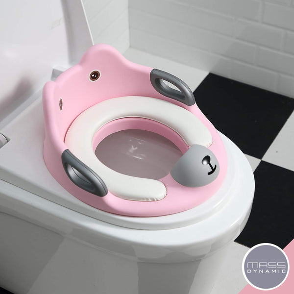 MASS DYNAMIC Toddler Toilet Seat, Potty Training Seat for Kids, Non-Slip Loo Trainer with Anti-Splash Guard, Unisex Toilet Assistant Ring with Handles and Backrest for Extra Security (Pink)