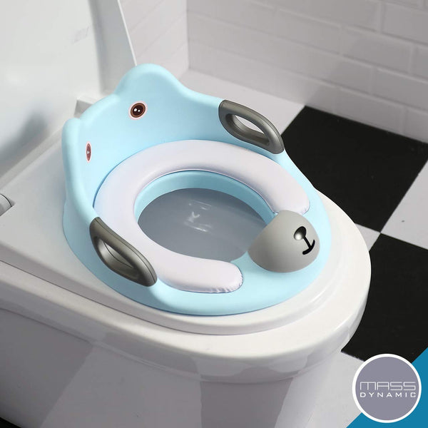 MASS DYNAMIC Toddler Toilet Seat - Potty Training Seat for Kids - Non-Slip Loo Trainer with Anti-Splash Guard - Unisex Toilet Assistant Ring with Handles and Backrest for Extra Security (Blue)