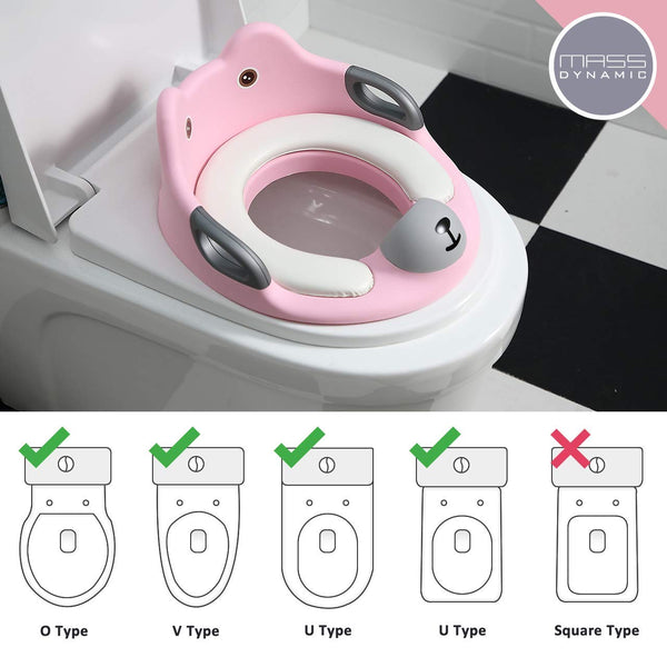 MASS DYNAMIC Toddler Toilet Seat, Potty Training Seat for Kids, Non-Slip Loo Trainer with Anti-Splash Guard, Unisex Toilet Assistant Ring with Handles and Backrest for Extra Security (Pink)