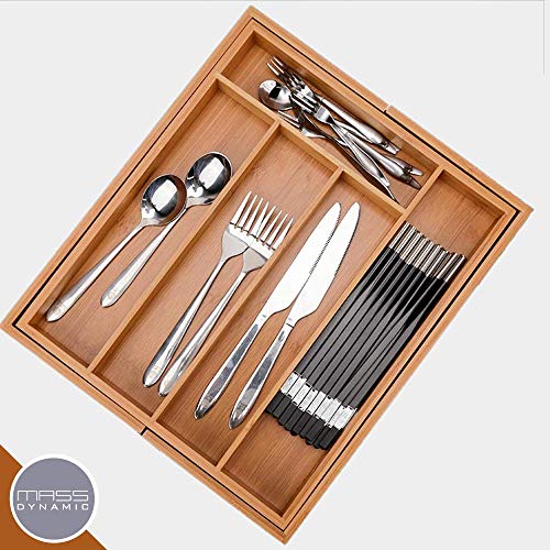 MASS DYNAMIC Bamboo Cutlery Tray, Expandable Drawer Organiser, Space-Saving 5-7 Storage Compartments Holds Silverware, Kitchen Utensils, Office Supplies, Bathroom Accessories (Size: 5x48.5x37cm)