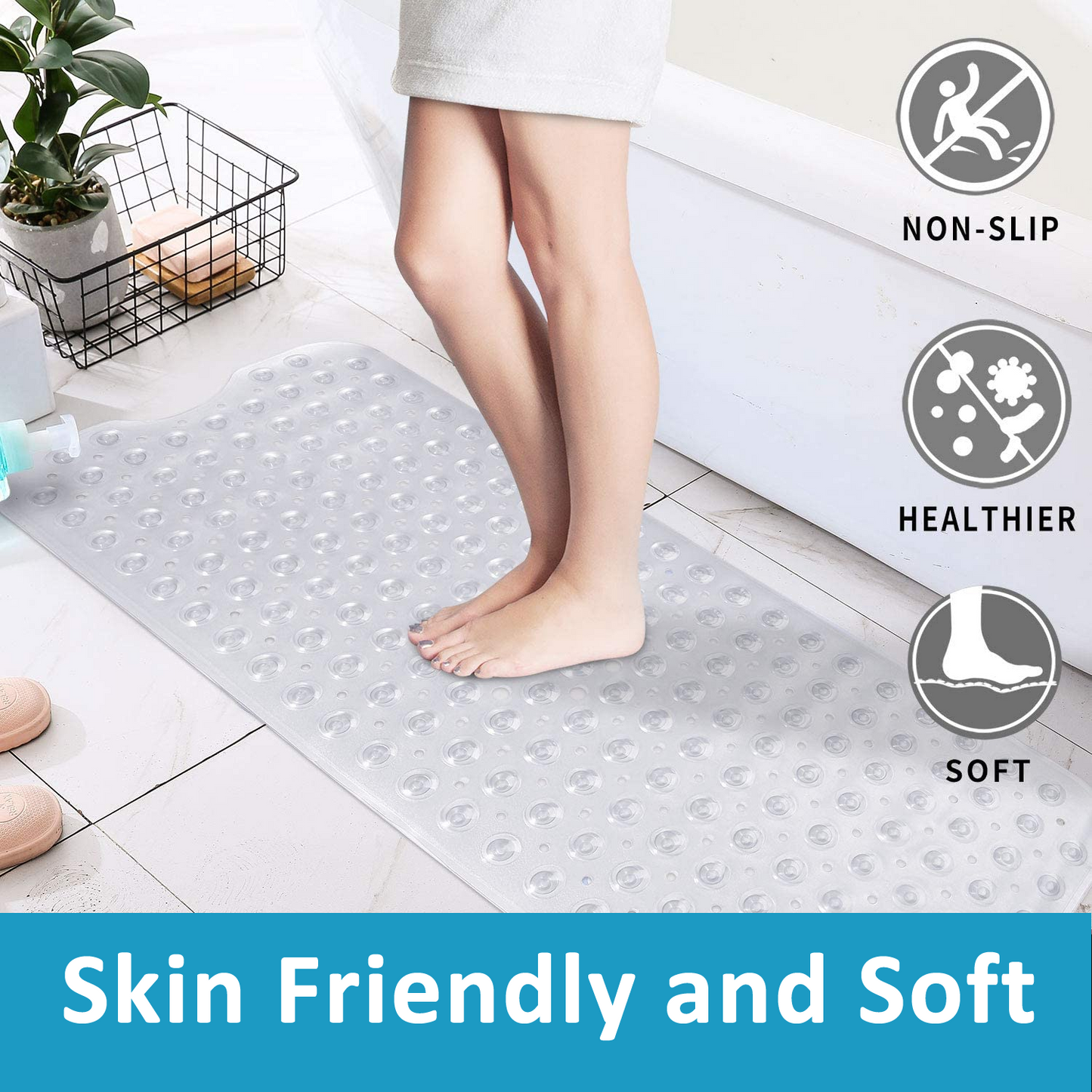 Non Slip Bath Mat | Extra Long Bath Mat | Machine Washable Shower Mats with Anti Slip Suction Cups (Transparent Clear)