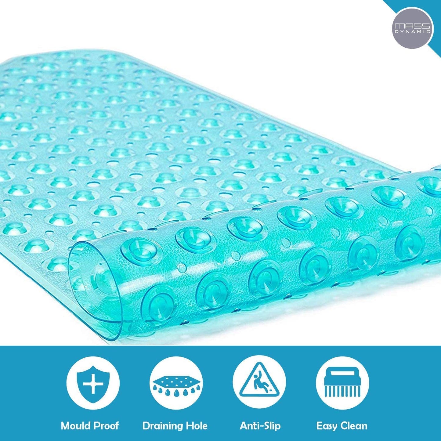 Non-Slip Bath Mat | Extra Long Bath Mat | Machine Washable Shower Mats with Anti Slip Suction Cups (Transparent Teal)