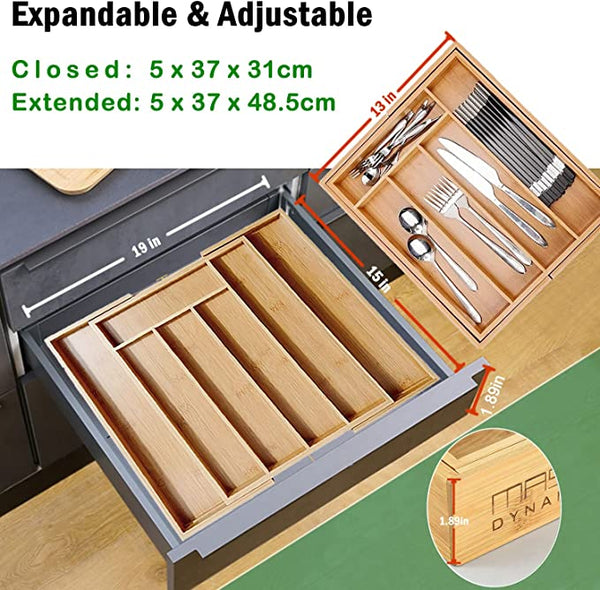 MASS DYNAMIC Bamboo Cutlery Tray, Expandable Drawer Organiser, Space-Saving 5-7 Storage Compartments Holds Silverware, Kitchen Utensils, Office Supplies, Bathroom Accessories (Size: 5x48.5x37cm)