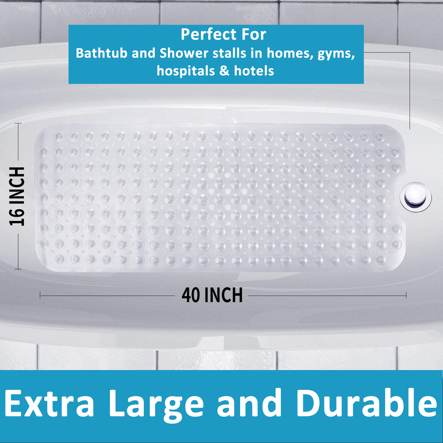Non Slip Bath Mat | Extra Long Bath Mat | Machine Washable Shower Mats with Anti Slip Suction Cups (Transparent Blue)