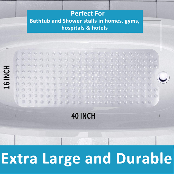 MASS DYNAMIC Non Slip Bath Mat | Extra Long Bath Mat | Machine Washable Shower Mats with Anti Slip Suction Cups | Easy Clean Bathtub Mat with 176 Drain Holes (Transparent Blue)