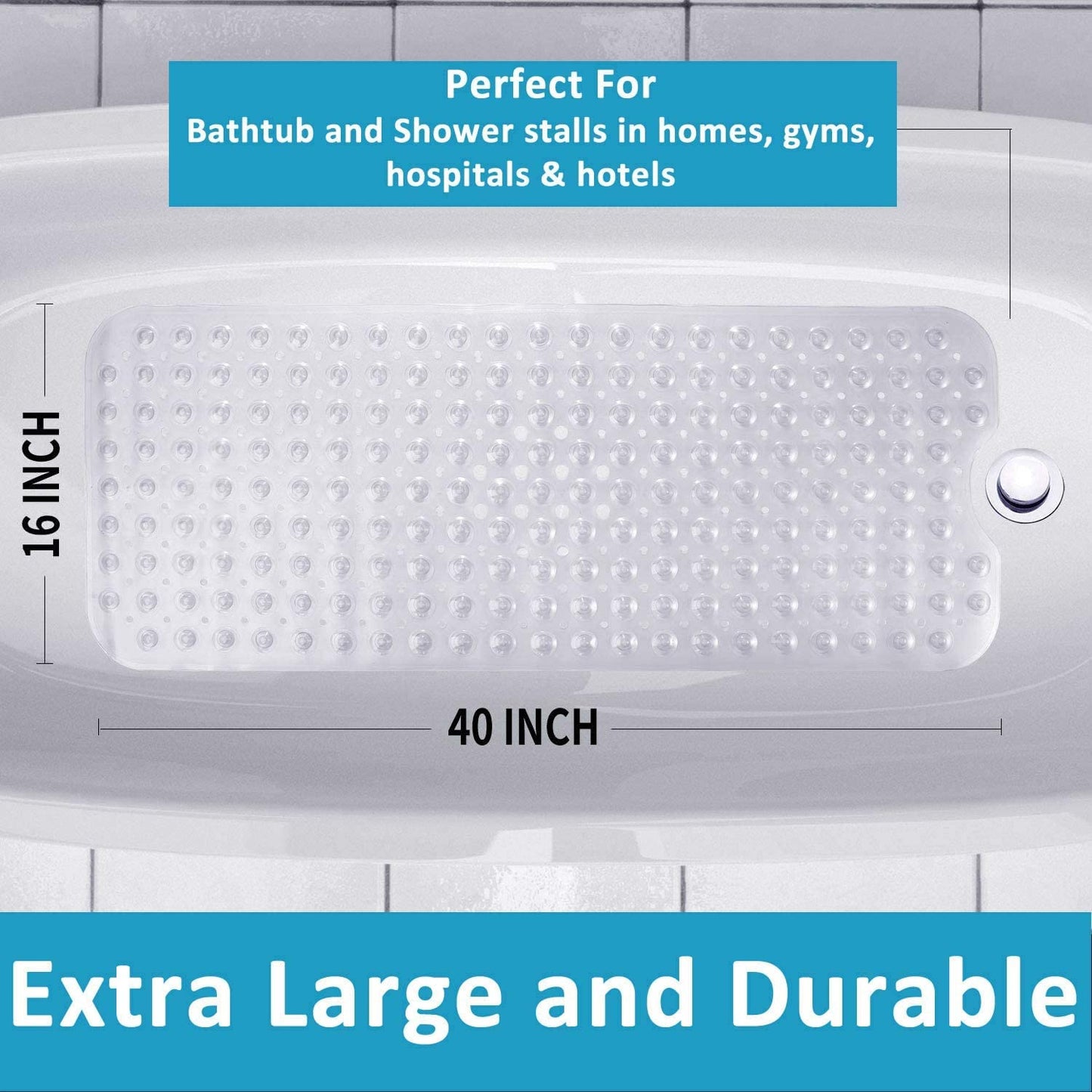 Non-Slip Bath Mat | Extra Long Bath Mat | Machine Washable Shower Mats with Anti Slip Suction Cups (Transparent Teal)