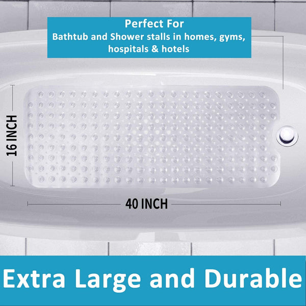 Non-Slip Bath Mat | Extra Long Bath Mat | Machine Washable Shower Mats with Anti Slip Suction Cups (Transparent Teal)