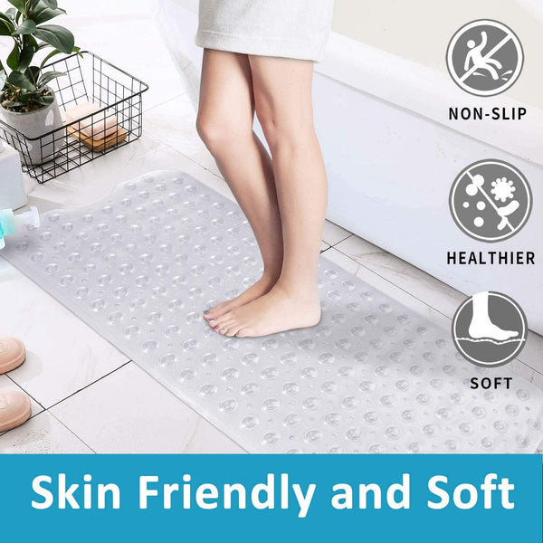 Non-Slip Bath Mat | Extra Long Bath Mat | Machine Washable Shower Mats with Anti Slip Suction Cups (Transparent Teal)