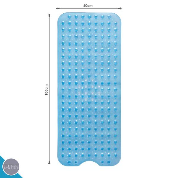 MASS DYNAMIC Non Slip Bath Mat | Extra Long Bath Mat | Machine Washable Shower Mats with Anti Slip Suction Cups | Easy Clean Bathtub Mat with 176 Drain Holes (Transparent Blue)