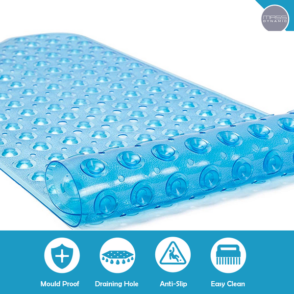 MASS DYNAMIC Non Slip Bath Mat | Extra Long Bath Mat | Machine Washable Shower Mats with Anti Slip Suction Cups | Easy Clean Bathtub Mat with 176 Drain Holes (Transparent Blue)