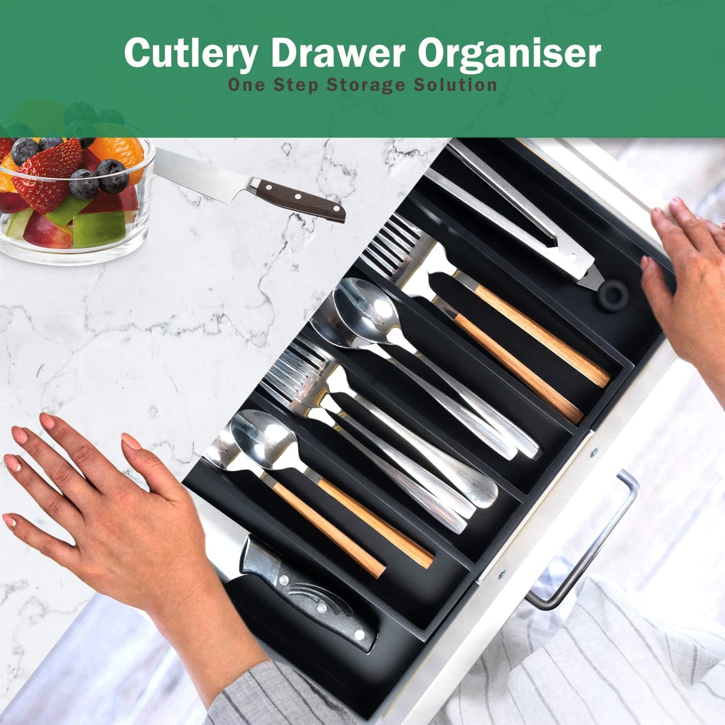 Bamboo Cutlery Drawer Organiser - Expandable Bamboo Cutlery Tray for Kitchen Utensil (Black)