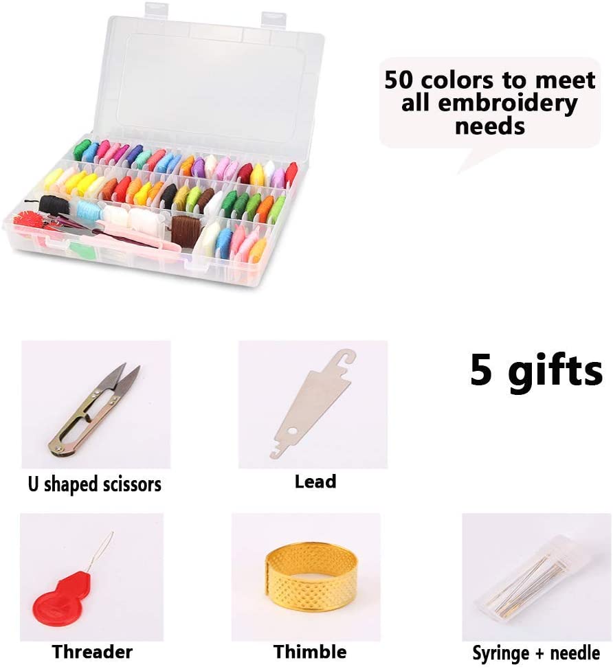 Embroidery Threads kit Sewing Kits- with 5 Free Embroidery Tools Colour Floss Cross Stitch Threads (50 Color)