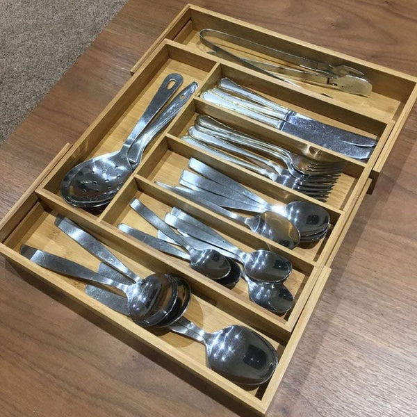 MASS DYNAMIC Cutlery Drawer Organizer Expandable Bamboo Utensil Tray, Adjustable Silverware and Flatware Holder, Compact Storage for Spoons, Forks, Knives - Ideal for Kitchen and Office Supplies